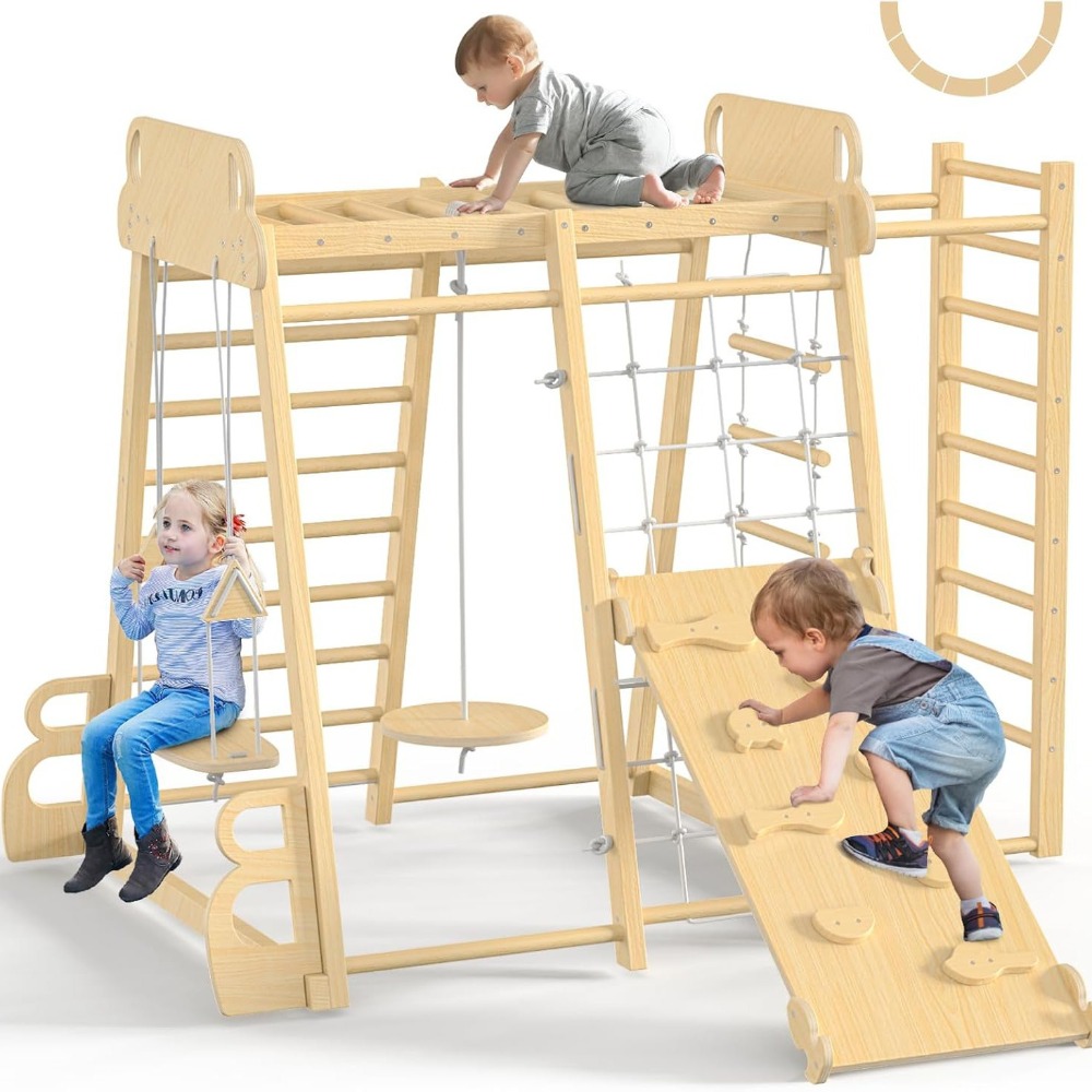 Home Gym For Kids - ชุดเครื่องเล่นในร่ม 9-in-1 สำหรับเด็ก ชุดปีนป่ายไม้พร้อมสไลเดอร์ ชิงช้า บาร์ลิง