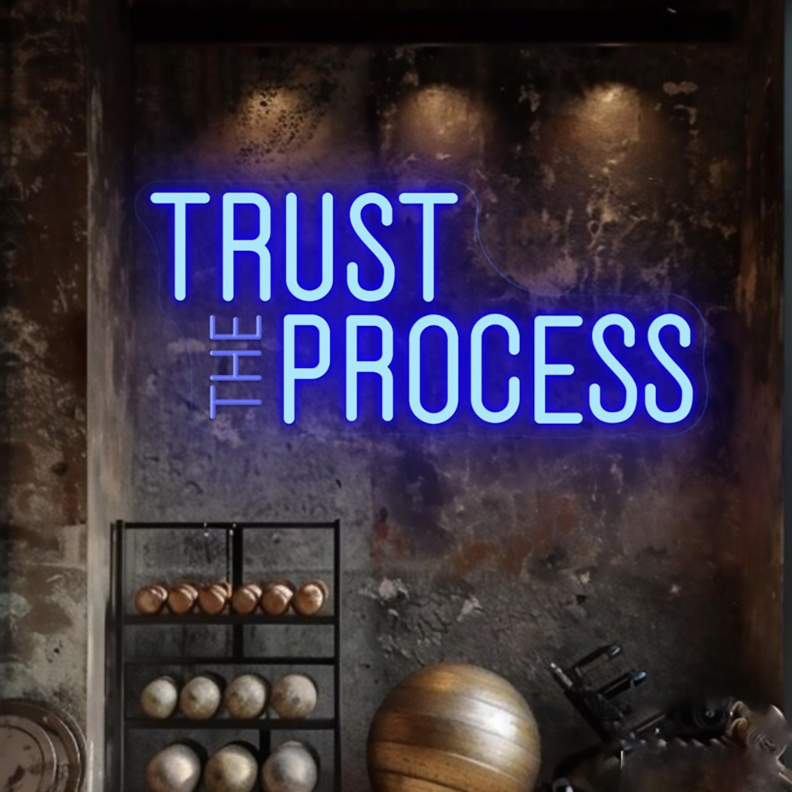 Home Gym Custom - ป้ายไฟนีออน Trust The Process, ป้ายตกแต่งห้องออกกำลังกายแบบกำหนดเอง, คำคมสร้างแรงบันดาลใจสำหรับฟิตเนส