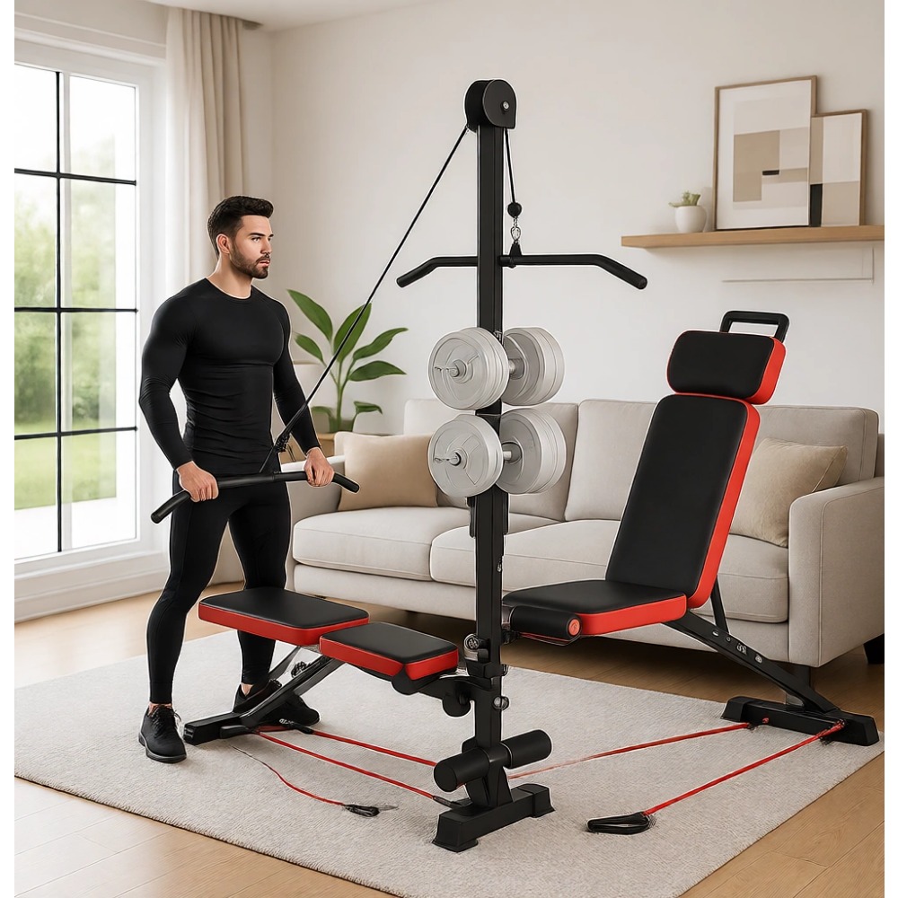 Home Gym Weights - ม้านั่งยกน้ำหนักอเนกประสงค์พร้อมระบบรอกและพนักพิงปรับระดับได้ | เหมาะสำหรับการออกกำลังกายที่บ้านและใช้ในยิม